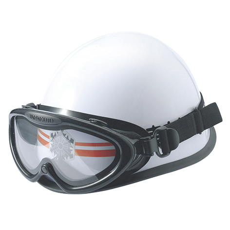 [ヘルメット装着例]　メガネ・マスクとの併用可。SRベルトで引くだけの簡単装着