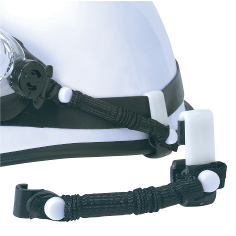 保安帽にスマートに装着可能なスプリングバンド。クリップはヘッドライトベルトのずり上がりの防止も