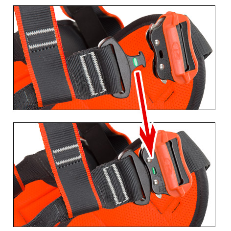バックルが正常に挿入されているか表示を目視できる。また、グローブを装着したままでもレッグループのつけ外しが容易