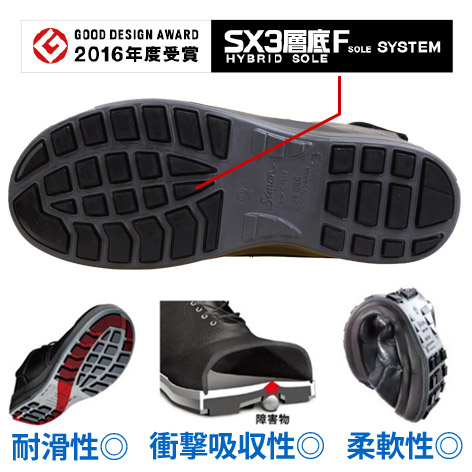 SX3層底Fソール搭載。歩行時の重心移動に着目し、足がつく瞬間から地面をとらえる耐滑性とスムーズで安定した歩行を両立した安全靴